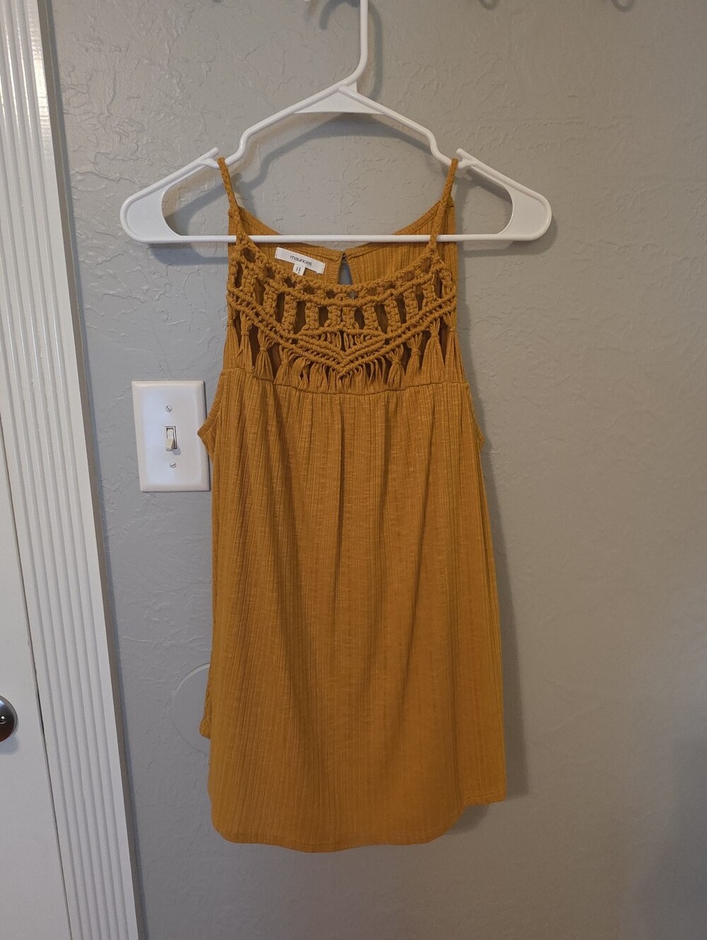 Maurices Mustard Color Crochet Yoke Spaghetti Strap Top Size Medium